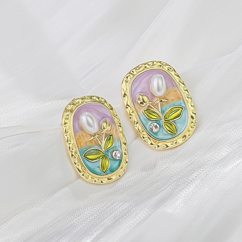 Wholesale French Retro Vintage Flower Pearl Earrings